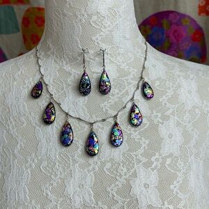 Fused Glass Necklace and Earrings Set. Sterling Silver